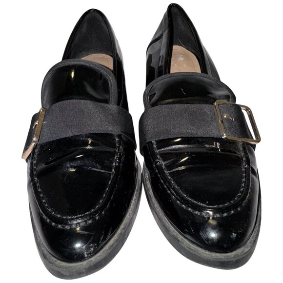 ZARA Vegan Patent Leather Loafers 38 7.5 Low Heel Buckle Detail Goth Preppy Faux - Picture 11 of 16
